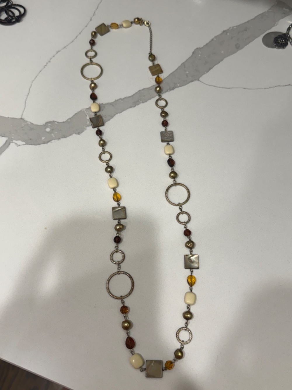 Lia Sophia Beaded Long Statement Necklace – Neutral Earth Tone Jewelry